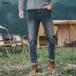 영국 주론 YKK 지퍼 스트레치 청바지 남성용 슬림 테이퍼드 팬츠 아메리칸 캐주얼 스트레이트 팬츠 봄과 가을 모델의 그림
