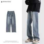 우콩은 상품 아메리칸 스트리트 올드 드로 스트링 신축성있는 허리 청바지 남성 및 여성 조류 느슨한 스트레이트 백 바지를 가지고 있습니다.의 그림