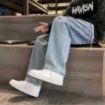 스트레이트 청바지 남성 모델 봄과 가을 조수 느슨한 미국 하이 스트리트 와이드 레그 팬츠 여름 홍콩 스타일 캐주얼 긴 바지 남성의 그림