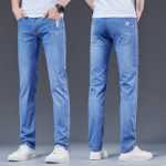 남성용 봄 가을 스트레치 청바지 2023 여름 새로운 스트레이트 슬림 캐주얼 나인 분 바지 남성용 부러진 구멍의 그림