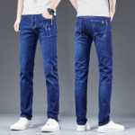 남성용 봄 가을 스트레치 청바지 2023 여름 새로운 스트레이트 슬림 캐주얼 나인 분 바지 남성용 부러진 구멍의 그림