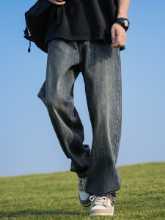 홍콩 차이 문학 남성 청바지 남성 여름 얇은 복고풍 소년 스트레이트 바지 느슨한 캐주얼 바지 남성 모델의 그림