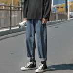 청바지 남성 여름 스트레이트 느슨한 남성 모델 바지 넓은 다리 아메리칸 나인 포인트 여름 얇은 캐주얼 소년 바지의 그림