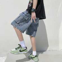 홍콩 차이 문학 남성 작업복 데님 반바지 소년 여름 조류 큰 주머니 느슨한 소년 바지 바지 다섯 바지의 그림