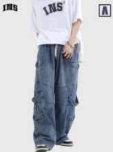 인스튜디오 멀티 포켓 실루엣 청바지 내셔널 타이드 커플 스트리트 레트로 워싱 루즈 워크 팬츠의 그림