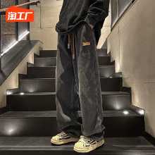 블랙 여름 얇은 섹션 청바지 남성 봄과 가을 복고풍 느슨한 스트레이트 팬츠 하이 스트리트 조수 인 드래그 그라운드 팬츠의 그림