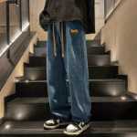 블랙 여름 얇은 섹션 청바지 남성 봄과 가을 복고풍 느슨한 스트레이트 팬츠 하이 스트리트 조수 인 드래그 그라운드 팬츠의 그림