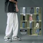 홍콩문예 남성 청바지 남성 가을 스트레이트 루즈 드레이프 와이드 레그 팬츠 트렌드 드래그 플로어 캐주얼 팬츠의 그림