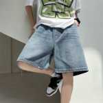 86FANG 여름 홍콩 스타일 복고풍 스트레이트 청바지 반바지 남성 느슨한 캐주얼 학생 다용도 5 바지 조류의 그림