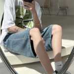 86FANG 여름 홍콩 스타일 복고풍 스트레이트 청바지 반바지 남성 느슨한 캐주얼 학생 다용도 5 바지 조류의 그림