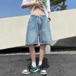 86FANG 여름 홍콩 스타일 복고풍 스트레이트 청바지 반바지 남성 느슨한 캐주얼 학생 다용도 5 바지 조류의 그림