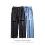 우콩은 상품 조류 브랜드 힙합이 오래된 워싱 홀 청바지 남성 복고풍 스트리트 느슨한 넓은 다리 다용도 바지를 가지고 있습니다.의 그림