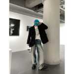 호지 백 레터 프린트 디자인 숄더 패드 정장 남성 정장 재킷 루즈 캐주얼 다재다능한 트렌드의 한국 버전의 그림