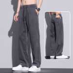 카키 캐주얼 바지 남성 여름 얇은 텐셀 가을 드레이프 아메리칸 느슨한 스트레이트 아이스 실크 와이드 레그 바지의 그림