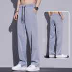 카키 캐주얼 바지 남성 여름 얇은 텐셀 가을 드레이프 아메리칸 느슨한 스트레이트 아이스 실크 와이드 레그 바지의 그림