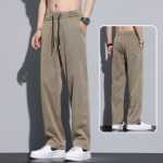 카키 캐주얼 바지 남성 여름 얇은 텐셀 가을 드레이프 아메리칸 느슨한 스트레이트 아이스 실크 와이드 레그 바지의 그림