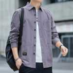 딱따구리 100 % 고급 남성용면 느슨한 긴팔 셔츠 남성용 봄과 가을 남성 작업 셔츠 블라우스 재킷의 그림