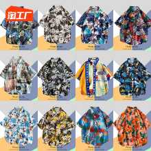 2023cec 비치 쿨 팬시 셔츠 반팔 남성 느슨한 갱스터 잘 생긴 일본 복고풍 트렌드 꽃 무늬 셔츠의 그림