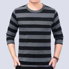남성 긴팔 티셔츠 라운드 넥 봄 바닥 셔츠 코튼 스트라이프 니트 셔츠 중년 캐주얼 다용도 가을상의의 그림