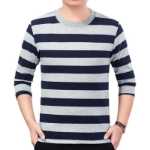 남성 긴팔 티셔츠 라운드 넥 봄 바닥 셔츠 코튼 스트라이프 니트 셔츠 중년 캐주얼 다용도 가을상의의 그림