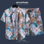 여름 새로운 하와이안 셔츠 해변 캐주얼 반바지 조류 남성 커플 개성 인쇄 조류 해변 세트의 그림