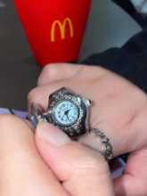 정말 시간을 알 수 있습니다밀크 그레인 캣츠 아이 젬스톤 빈티지 링 시계 틈새 버터 플라이 플립 쿼츠 시계의 그림