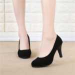 데이 스페셜 레이디스 싱글 슈즈 블랙 하이힐 두꺼운 힐 얕은 입 스웨이드 전문 방수 플랫폼 공식 여성 신발 라운드 헤드의 그림