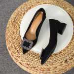 2023 새로운 여성 작업 뾰족한 머리 두꺼운 굽 모조 다이아몬드 로우 힐 작업 싱글 슈즈 여성 백 공식 하이힐 여성의 그림