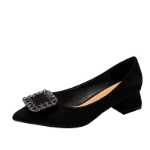 2023 새로운 여성 작업 뾰족한 머리 두꺼운 굽 모조 다이아몬드 로우 힐 작업 싱글 슈즈 여성 백 공식 하이힐 여성의 그림