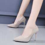 2022 년 봄 블랙 스웨이드 하이힐 여성 고급 의식 신발 얕은 입 뾰족한 포멀 싱글 슈즈 작업화의 그림