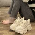 폭발적인 팝 신발 2023 가을 새로운 하이힐 히칭 작은 사람들이 높은 두꺼운 바닥 머핀 트레이너 여성을 보여줍니다.의 그림