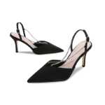 블랙 새틴 스트랩 기질 여성 체인 포인트 헤드 하이힐 샌들 라인 석 커리어 워크 슈즈 공식 인터뷰의 그림