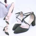 스트랩 기질 하이힐 숙녀 샌들 공식 비즈니스 신발 두꺼운 굽 브로그 여성 신발 스웨이드 그린 아웃 도어 샌들의 그림