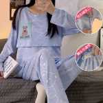 임산부 잠옷 봄과 가을 월간 의류 여름 얇은 면화 산후 모유 수유복 가을과 겨울 모델 투피스 슈트 체리 베어의 그림