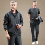 로모 아버지 회색 스포츠웨어 정장 남성 봄과 가을 새로운 중년 및 노인 남성 캐주얼 3 피스 정장 큰 사이즈의 그림