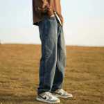 스트레이트 청바지 남성 가을 복고풍 워싱 오래된 얇은 긴 바지 아메리칸 조수 느슨한 아이스 실크 캐주얼 바지의 그림