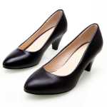 싱글 슈즈 여성 가죽 신발 블랙 하이힐 여성 커리어 미디엄 청키 힐 인터뷰 정장 작업화 여성 빅 야드 스몰 화이트 슈즈의 그림