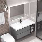 리글리 욕실 캐비닛 조합 현대 세라믹 일체형 세면대 간단한 세면 조명 고급 원목 욕실 핸드 워시 싱크대의 그림