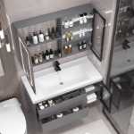 리글리 욕실 캐비닛 조합 현대 세라믹 일체형 세면대 간단한 세면 조명 고급 원목 욕실 핸드 워시 싱크대의 그림