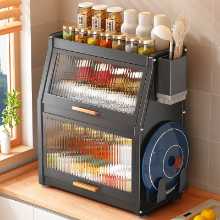 뚜껑 오일 소금 소스 식초 조미료 밀봉 조리대 캐비닛 상자가있는 주방 향신료 보관 상자 선반 홈 다기능의 그림