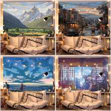 미적 일본 풍경 배경 천 침실 방 침대 옆 벽 기숙사 장식 벽 천 매달려 천 그물 빨간색의 그림