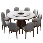 가벼운 고급 슬레이트 식탁과 의자 조합 현대적이고 단순한 고급 원목 가정용 소형 가정용 유도 밥솥과 턴테이블 원형 테이블의 그림