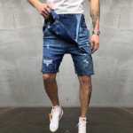 위시 패션 남성 서스펜더 데님 점프 수트 찢어진 청바지 반바지의 그림