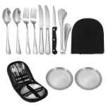 크로스 보더 야외 스테인레스 스틸 칼 나이프, 포크, 스푼 및 접시 서양 휴대용 식기 조리기구 캠핑 여행 식기 세트의 그림