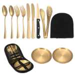 크로스 보더 야외 스테인레스 스틸 칼 나이프, 포크, 스푼 및 접시 서양 휴대용 식기 조리기구 캠핑 여행 식기 세트의 그림