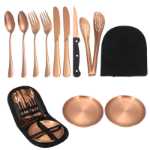 크로스 보더 야외 스테인레스 스틸 칼 나이프, 포크, 스푼 및 접시 서양 휴대용 식기 조리기구 캠핑 여행 식기 세트의 그림