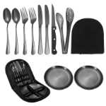 크로스 보더 야외 스테인레스 스틸 칼 나이프, 포크, 스푼 및 접시 서양 휴대용 식기 조리기구 캠핑 여행 식기 세트의 그림