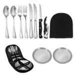 크로스 보더 야외 스테인레스 스틸 칼 나이프, 포크, 스푼 및 접시 서양 휴대용 식기 조리기구 캠핑 여행 식기 세트의 그림