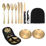 크로스 보더 야외 스테인레스 스틸 칼 나이프, 포크, 스푼 및 접시 서양 휴대용 식기 조리기구 캠핑 여행 식기 세트의 그림