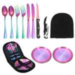 크로스 보더 야외 스테인레스 스틸 칼 나이프, 포크, 스푼 및 접시 서양 휴대용 식기 조리기구 캠핑 여행 식기 세트의 그림